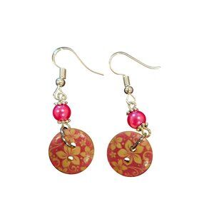 Floral Button fushia Pink Bead Dangle Earrings Boho whimsical silver tone